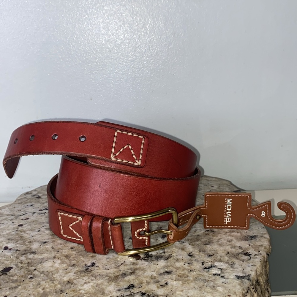 MICHEAL Michael Kors Full Grain Leather Cognac Brown Stitch Detailed Belt 40 NWT